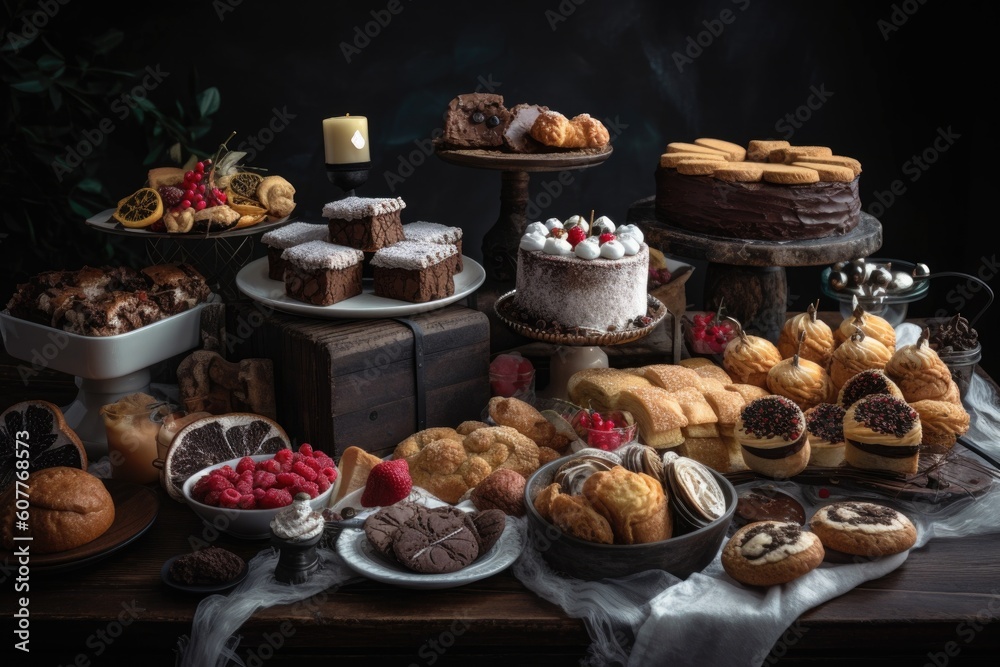 table, set with a variety of holiday pastries, cookies and cakes, created with generative ai