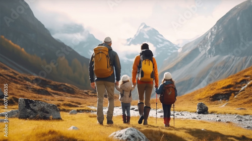 Family hikers with backpacks walking in the mountains. Traveling with kids concept. Generative AI.