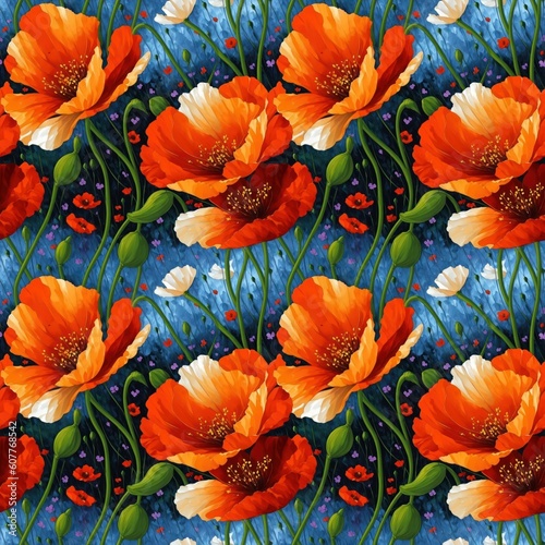 Seamless floral pattern with poppy flowers  tileable  Generative AI