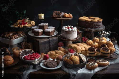 table, set with a variety of holiday pastries, cookies and cakes, created with generative ai