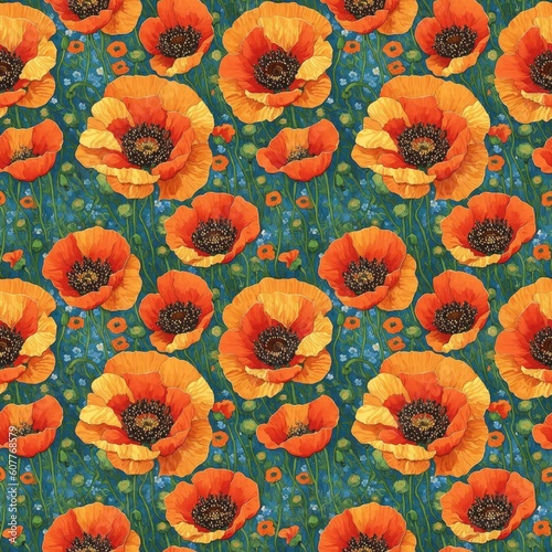Seamless floral pattern with poppy flowers, tileable, Generative AI