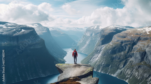 Tourism vacation and travel. Standing on the edge of Trolltunga, Norway Scandinavia Europe. Generative AI. photo