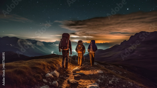 Hikers in the mountains at night with starry sky background. Generative AI.