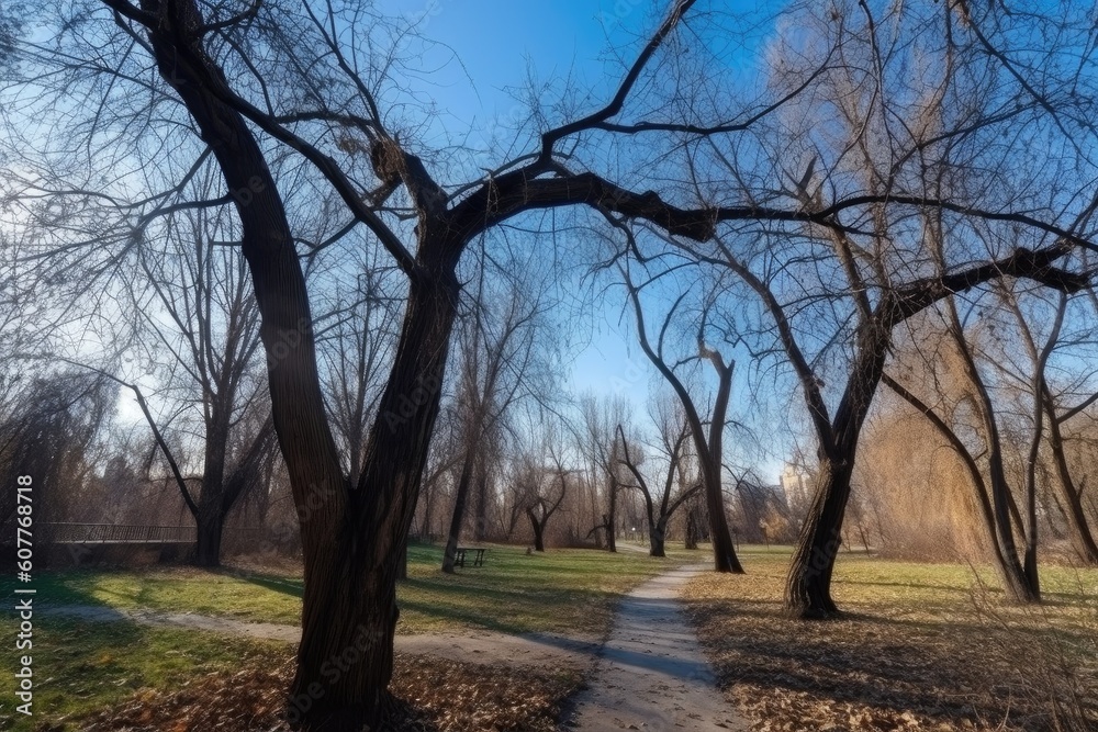 Obraz premium nature, trees and branches in a park with an open view of the sky on a blue background, created with generative ai