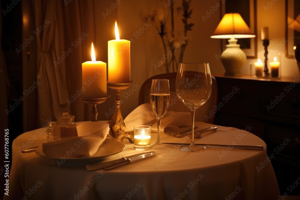 a candlelit dinner for two, with soft lighting and romantic music, created with generative ai a candlelit dinner for two, with soft lighting and romantic music, created with generative ai