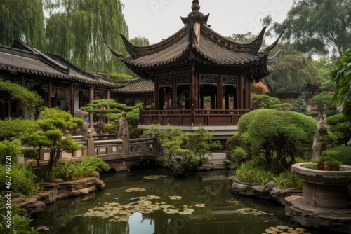 peaceful china pagoda garden with lotus flowers and babbling brook, created with generative ai © Alfazet Chronicles