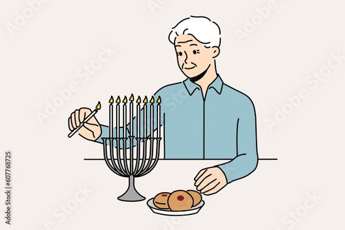 Old man lighting candles in menorah celebrating Jewish festival. Elderly male celebrate Hannukah. Tradition and religion. Vector illustration. 