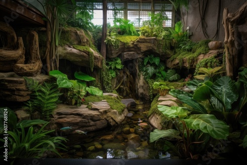 exotic pet habitat with waterfall  lush vegetation and natural colors  created with generative ai