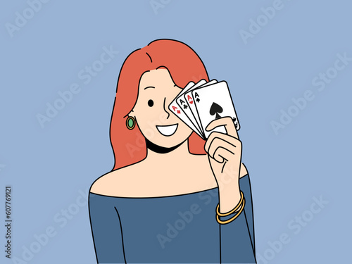 Smiling redhead woman posing with playing cards in hands. Happy female gambler with poker cards. Gambling and risky hobby. Vector illustration. 