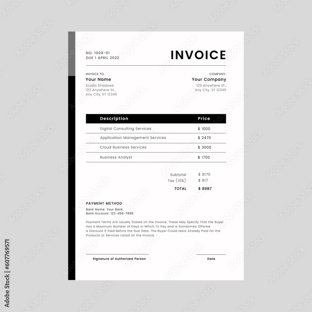 Minimal Black invoice template vector design , template for your Business and company Minimal Black invoice template vector design , template for your Business and company
