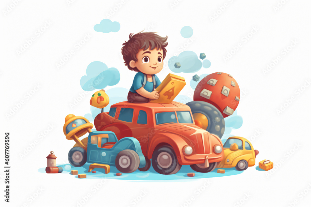 illustration of kid playing car toys made with Generative AI illustration of kid playing car toys made with Generative AI