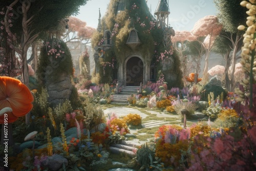 fantasy garden, with magical creatures and plants in a fairy tale setting, created with generative ai © Alfazet Chronicles