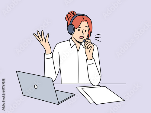 Stressed call center agent in headset talk with client consult about problem solving. Anxious female employee speak with customer help with online trouble. Vector illustration. 