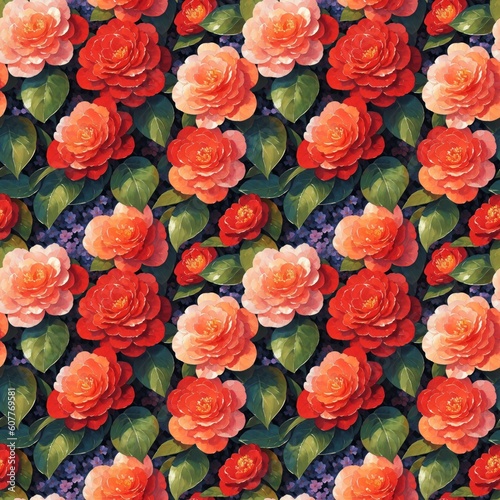 Seamless floral pattern with Camellia flowers  tileable  Generative AI