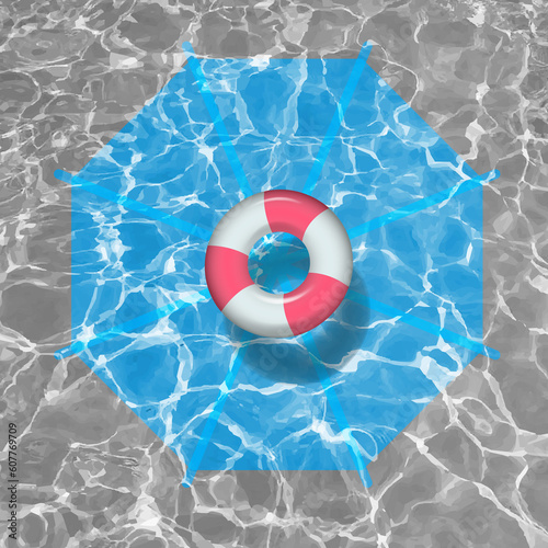 Poster with Swimming pool with floating inflatable striped circle. Cartoon lifebuoy with shadow in center of basin. Vector illustration.