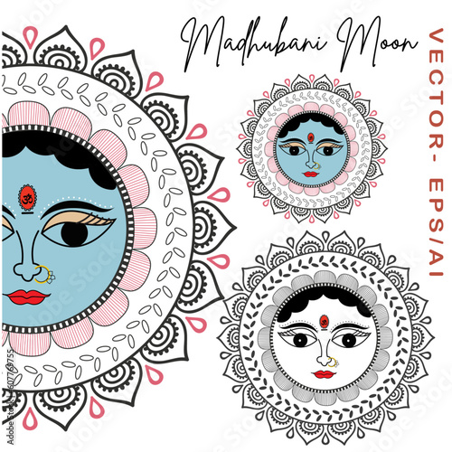 Madhubani Moon a symbol of fertility and prosperity in Madhubani paintings - Moon God - Hand-Drawn Madhubani Moon