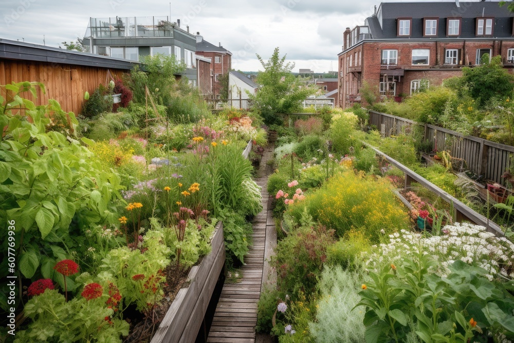 green rooftop garden, filled with plants and blooms, created with generative ai