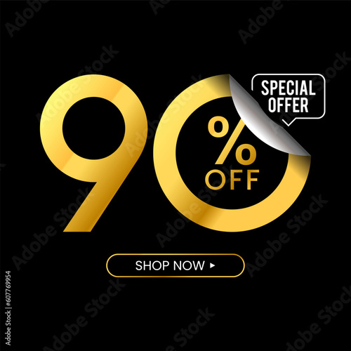 90 Percent Off Discount. Golden Numbers With Percent Sign And Unique Zeros In Black Background. Special Offer. Vector Illustration