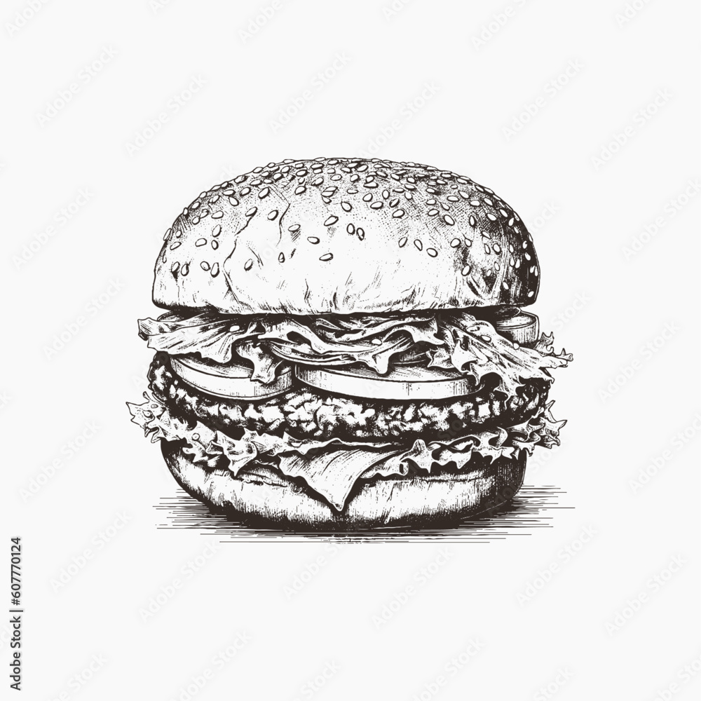Vector illustration engraving american burger vector hamburger vintage