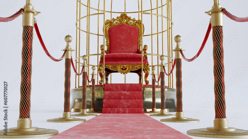 3D render of red carpet with golden barrieres leading to a golden king throne inside an open cage