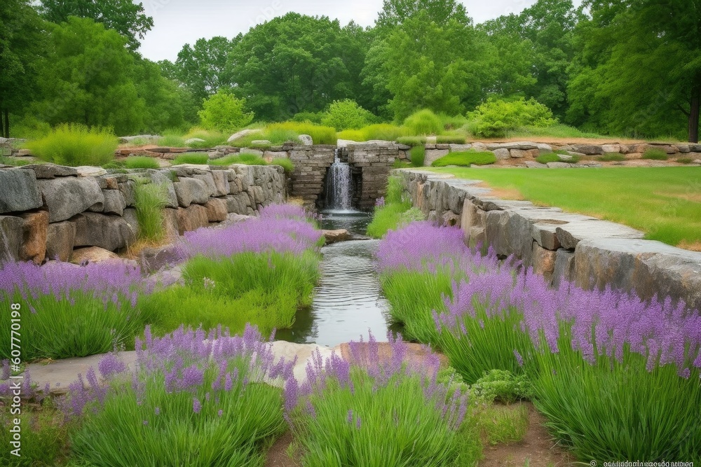 Fototapeta premium lavender field with waterfall, surrounded by greenery, created with generative ai