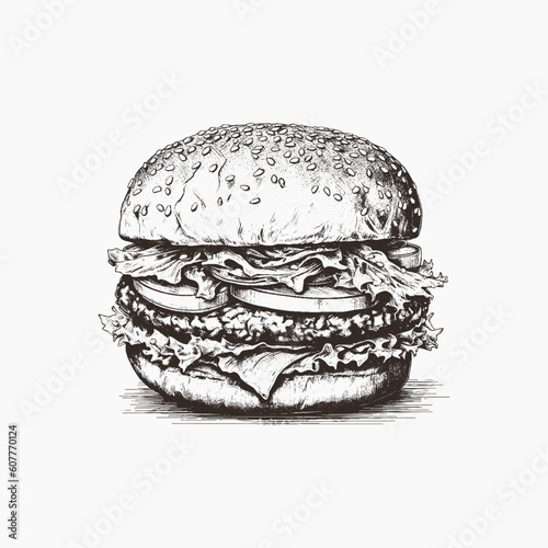 Vector illustration engraving american burger vector hamburger vintage style isolated on white	
