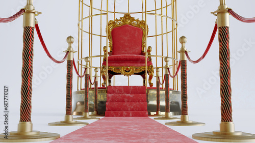 3D render of red carpet with golden barrieres leading to a golden king throne inside an open cage photo