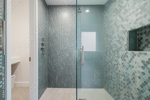 refreshing shower in stylish bathroom with lofi wallpaper, glass tile and sleek fixtures, created with generative ai