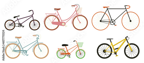 Vector set of coloured bicycles different tipes: hybrid, single speed, bmx, road bike, mountain bike, fixed gear in flat style