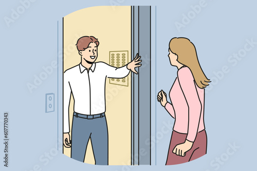 Smiling man holding lift doors to neighbor. Happy male hold elevator to woman neighbour. Vector illustration. 