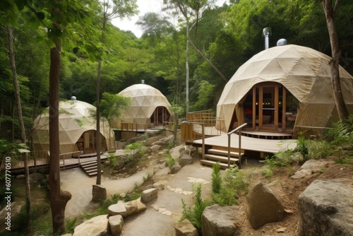 eco-friendly resort with room categories, including tents and eco-yurts, created with generative ai © Alfazet Chronicles