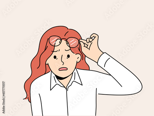 Shocked woman take off glasses astonished with news or message. Surprised female amazed with unbelievable notification. Vector illustration. 