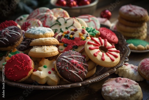 pile of holiday cookies and sweet treats on plate, created with generative ai