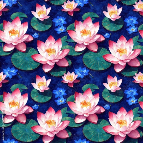 Seamless floral pattern with Lotus flowers  tileable  Generative AI