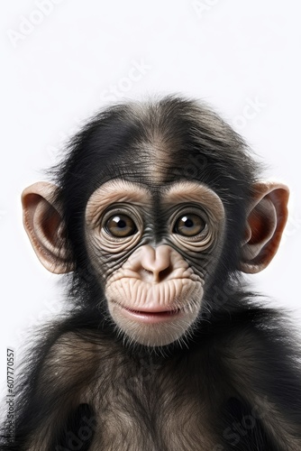 Cute baby chimpanzee isolated on a white background. Generative AI © piai