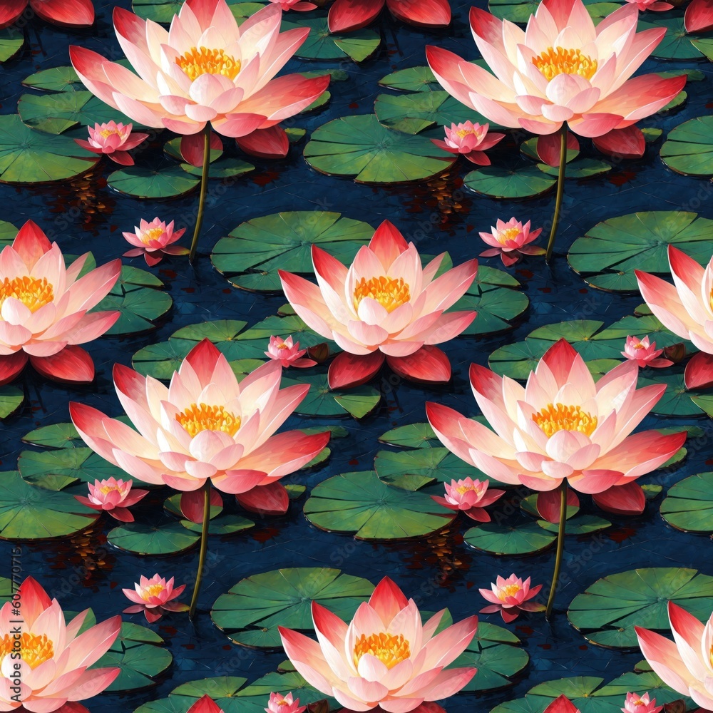 Seamless floral pattern with Lotus flowers, tileable, Generative AI Seamless floral pattern with Lotus flowers, tileable, Generative AI