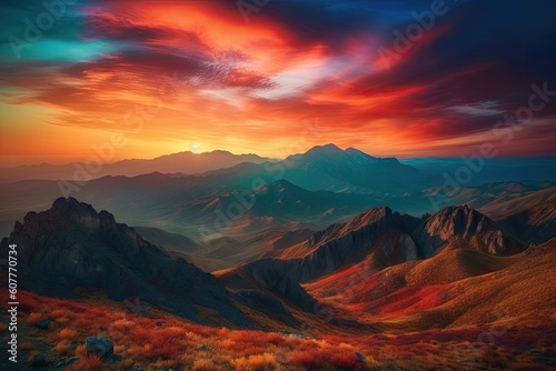 majestic mountain range with the sun setting behind, surrounded by vivid colors, created with generative ai © Alfazet Chronicles