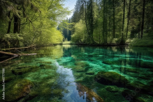 crystal-clear lake surrounded by lush  green forest  created with generative ai