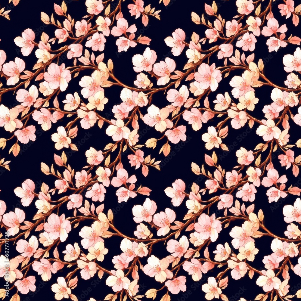 Seamless floral pattern with sakura flowers, tileable, Generative AI