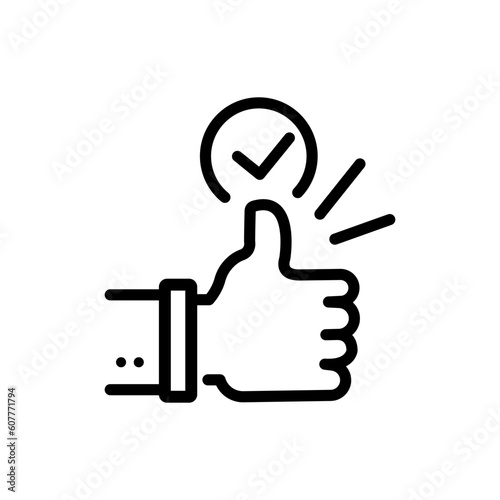 Positive approval icon, good feedback, like recommend, thumb up with check, thin line web symbol on white background - editable stroke vector illustration eps10