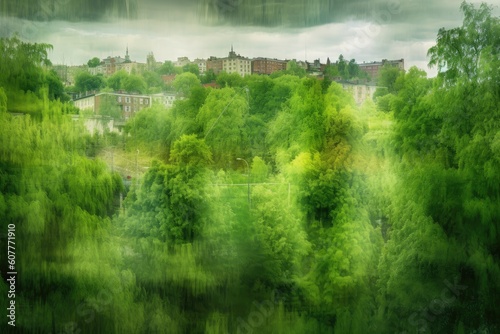 multiple exposure shot of a green forest superimposed over an urban landscape, created with generative ai