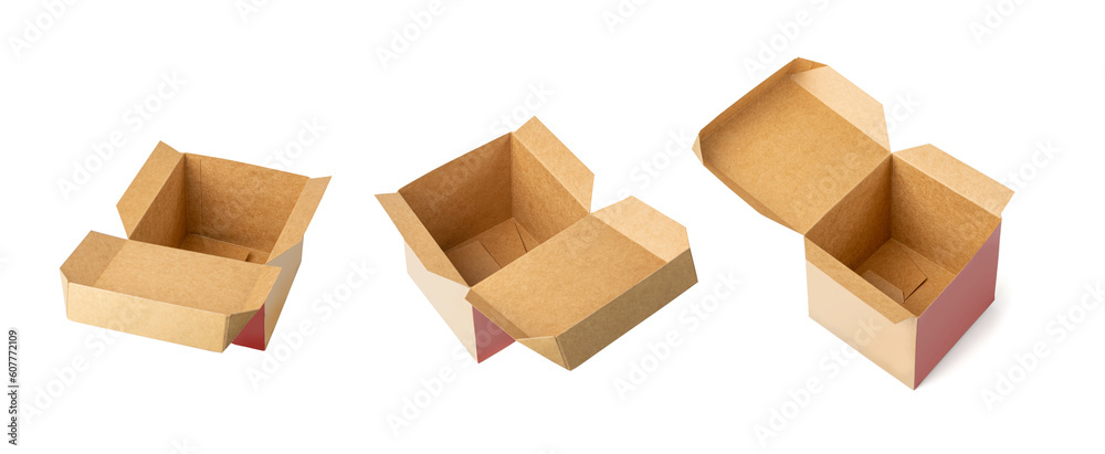 Empty Cubic Paper Box, Brown Cardboard Package Mockup, Ecological Consumption Concept, Open Cube Box Empty Cubic Paper Box, Brown Cardboard Package Mockup, Ecological Consumption Concept, Open Cube Box