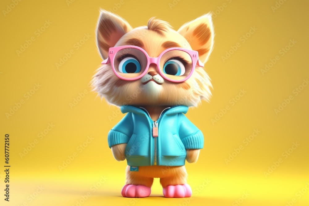 3D illustration: cute cat wearing glasses in a childlike cartoon character style. Generative AI