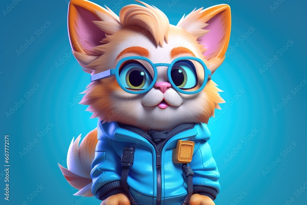 3D illustration: cute cat wearing glasses in a childlike cartoon character style. Generative AI 3D illustration: cute cat wearing glasses in a childlike cartoon character style. Generative AI