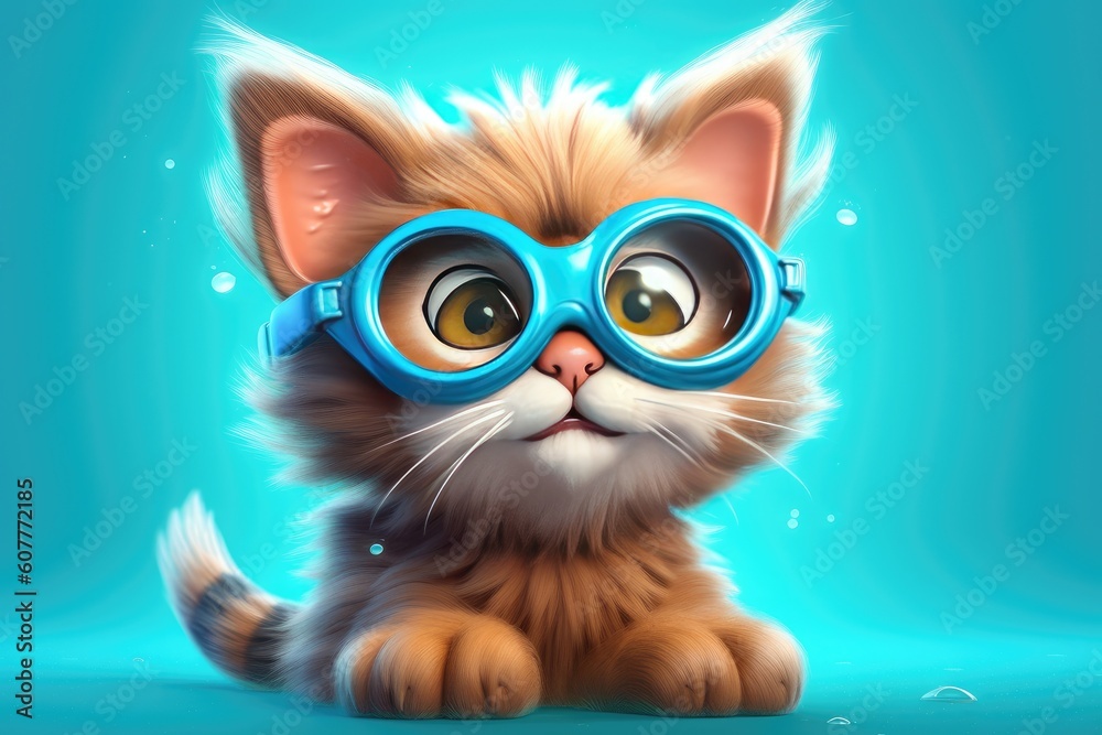 Obraz premium 3D illustration: cute cat wearing glasses in a childlike cartoon character style. Generative AI