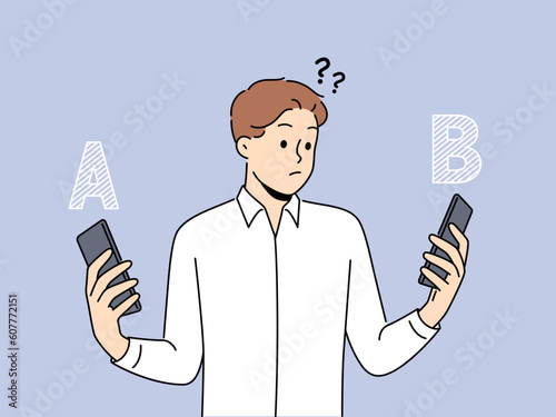 Confused man choose between different cellphones models. Frustrated male compare smartphone a and b. Technology and device comparison. Vector illustration. 