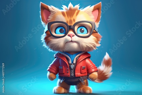 3D illustration  cute cat wearing glasses in a childlike cartoon character style. Generative AI