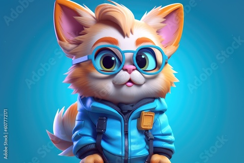 3D illustration  cute cat wearing glasses in a childlike cartoon character style. Generative AI