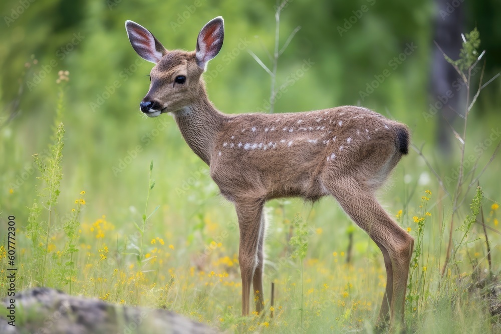 baby deer in meadow, with delicate legs and soft fur, created with generative ai baby deer in meadow, with delicate legs and soft fur, created with generative ai