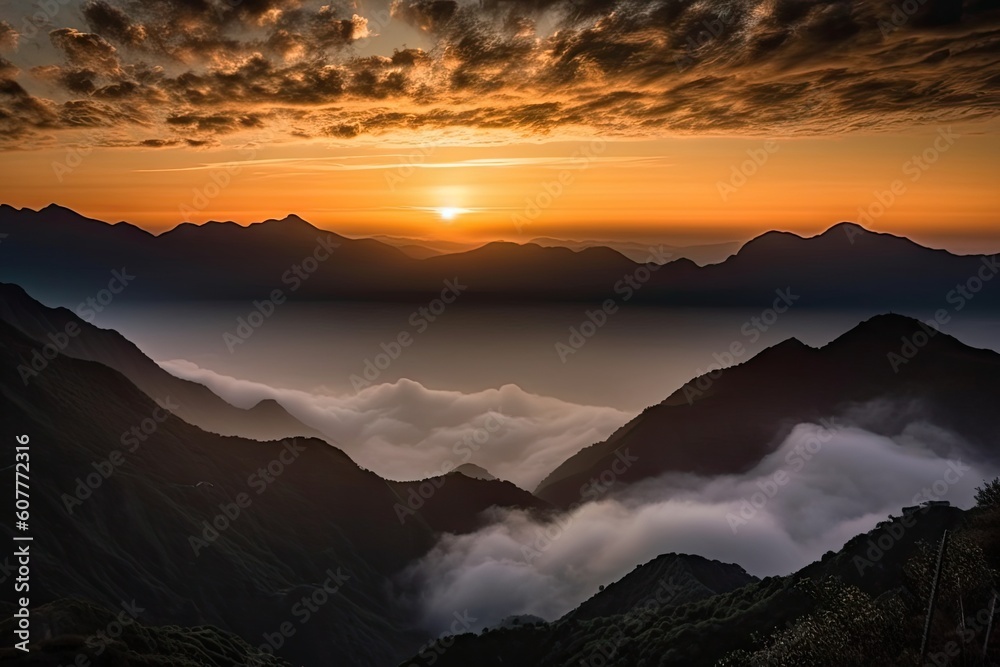 dramatic sunrise over mountain range, with clouds and mist in the air, created with generative ai